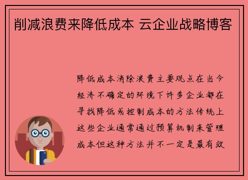 削减浪费来降低成本 云企业战略博客